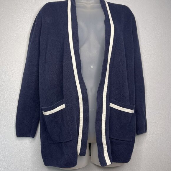 J.Crew Tipped Open Front Cardigan Sweater SZ XS-S Navy White Pockets - Picture 1 of 12